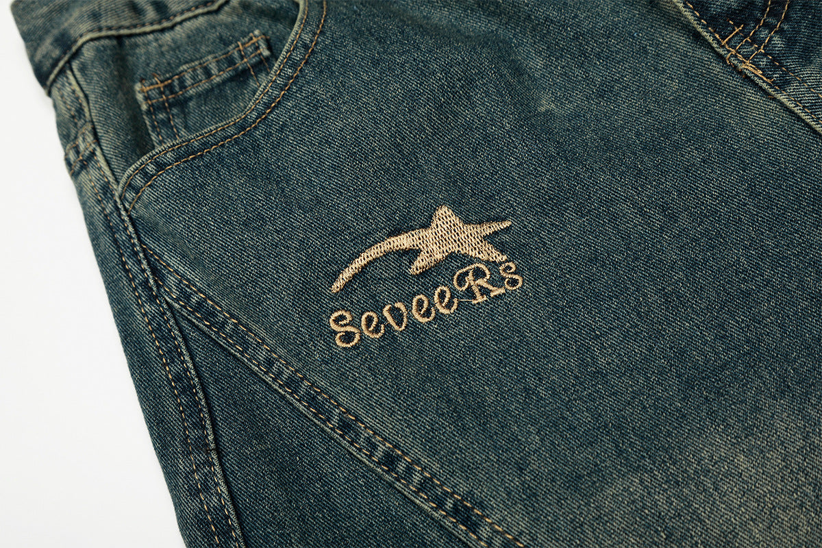 Washed Embroidery Wide Leg Denim Jeans