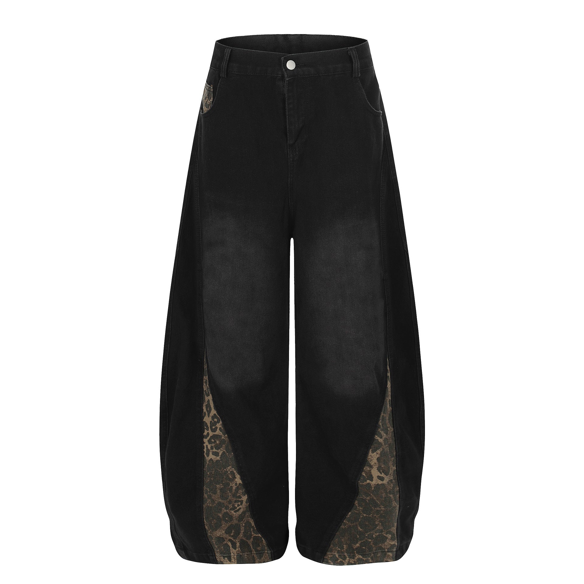 Washed Leopard Panel Curved Denim Jeans