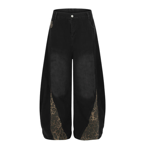 Washed Leopard Panel Curved Denim Jeans - Black / S