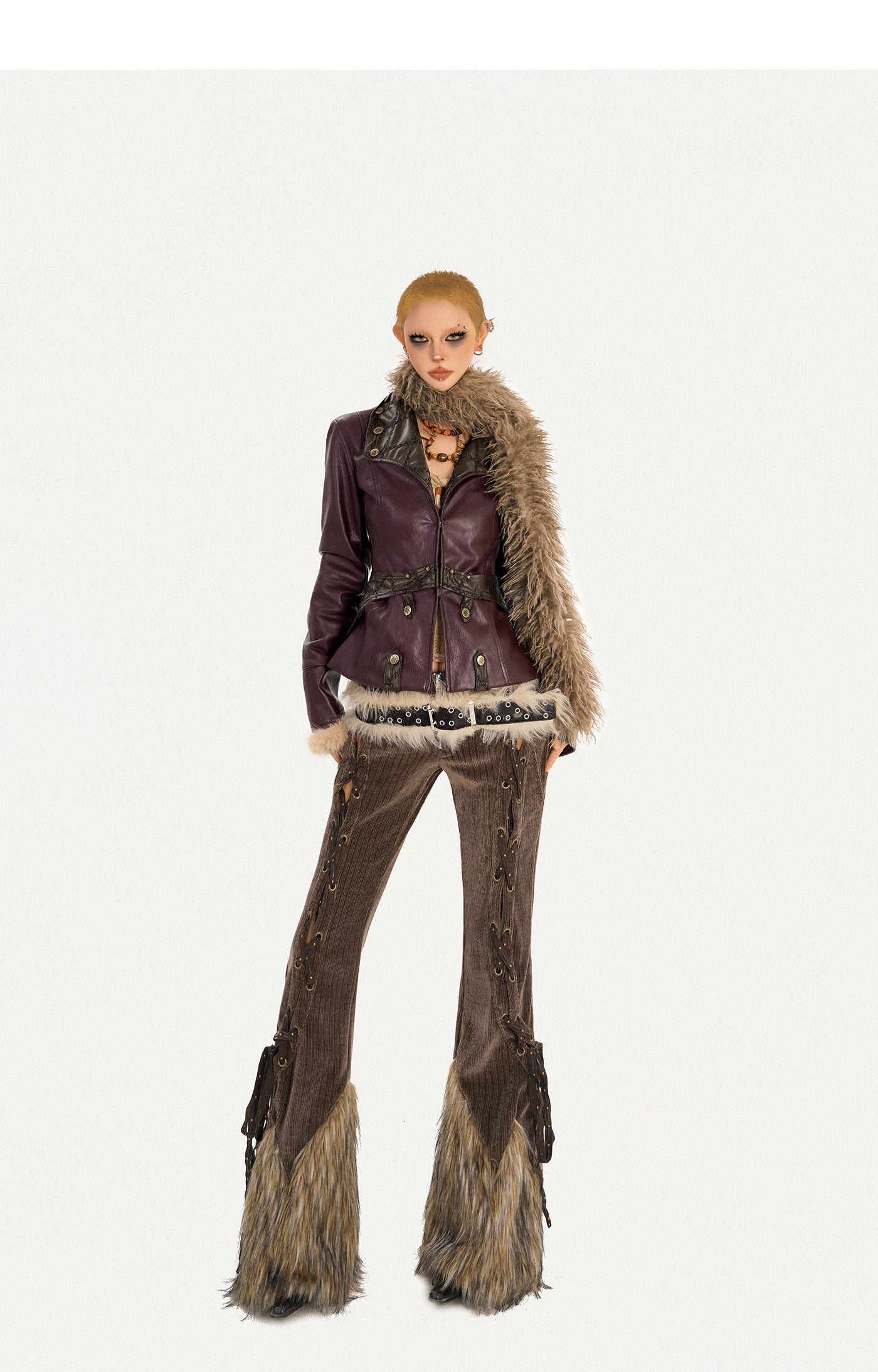 Corduroy Patchwork Fake Fur Lace-Up Slimming Pants
