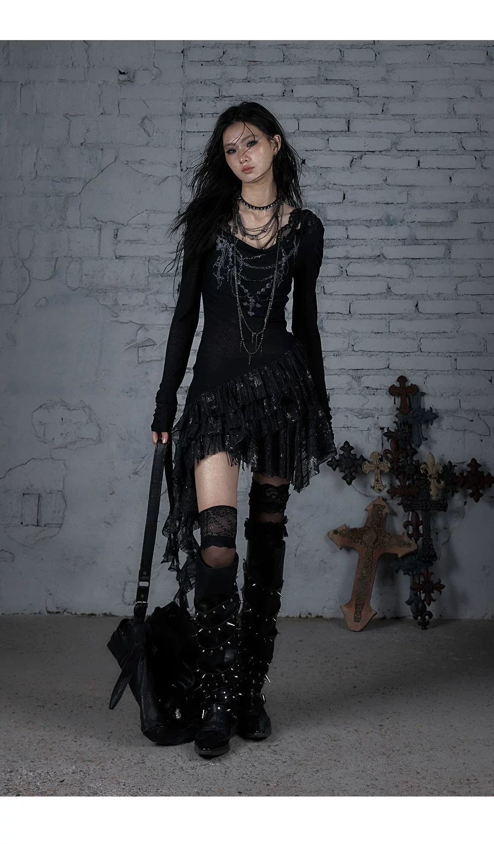 Lace Hooded Asymmetric Ruffle Dress