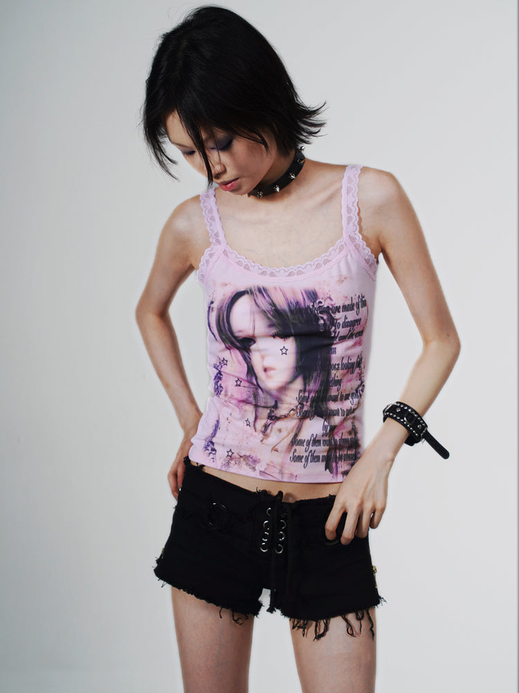 Graffiti Design Lace Tank Top