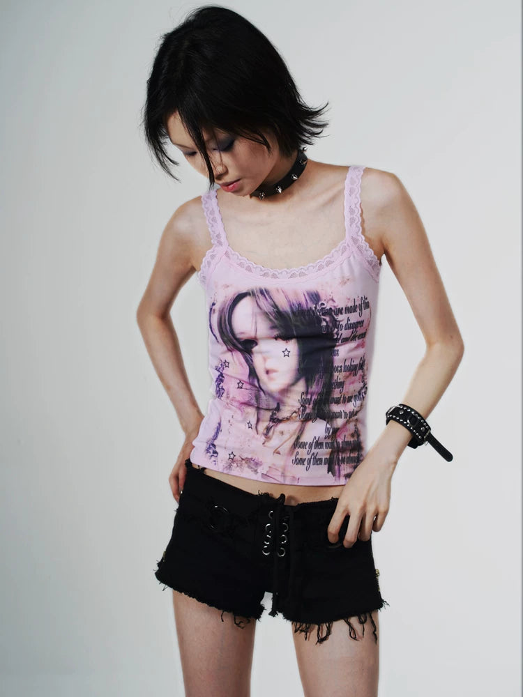 Graffiti Design Lace Tank Top