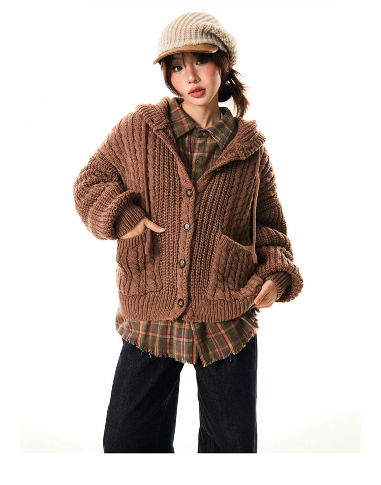 Hooded Button Oversize Cable Knit Cardigan