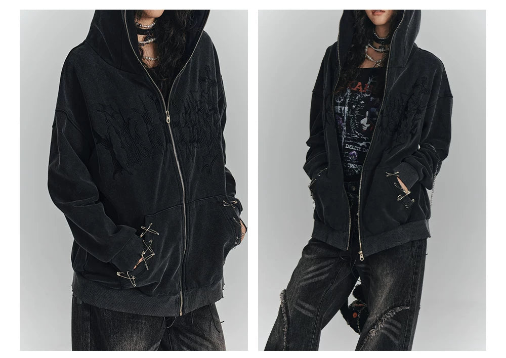 Cat Ear Safety Pin Oversize Zipper Hoodie