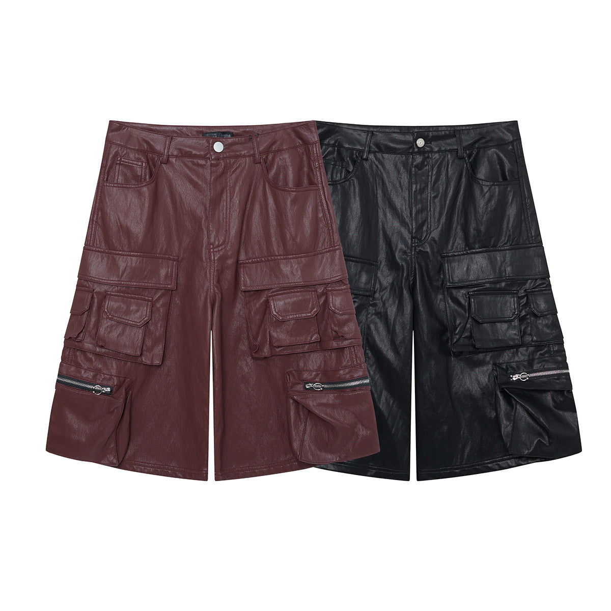 PU Leather Pocket Cropped Wide Leg Cargo Hahf Pants