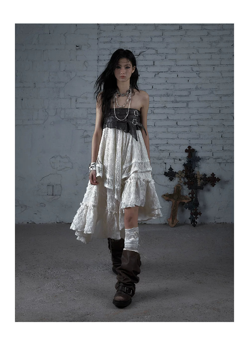 Asymmetric Lace Layered Belt Detail Skirt