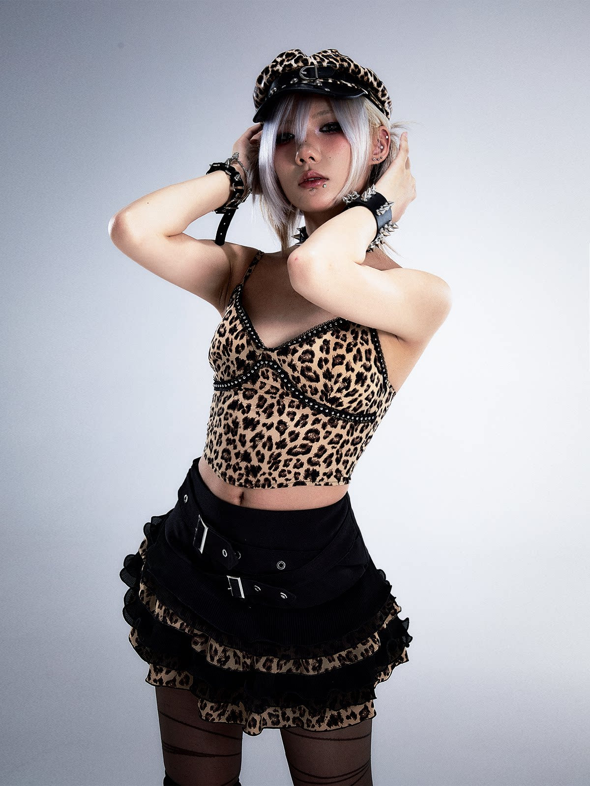 Leopard Patchwork Belted Tiered A-Line Skirt