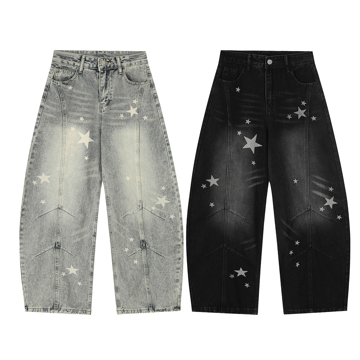 Star Print Curved Denim Jeans