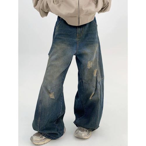 Washed Damaged Wide Leg Denim Jeans - Blue / S