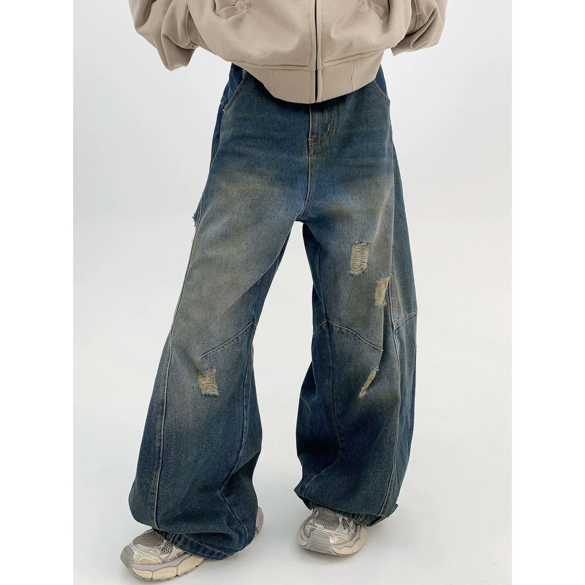 Washed Damaged Wide Leg Denim Jeans