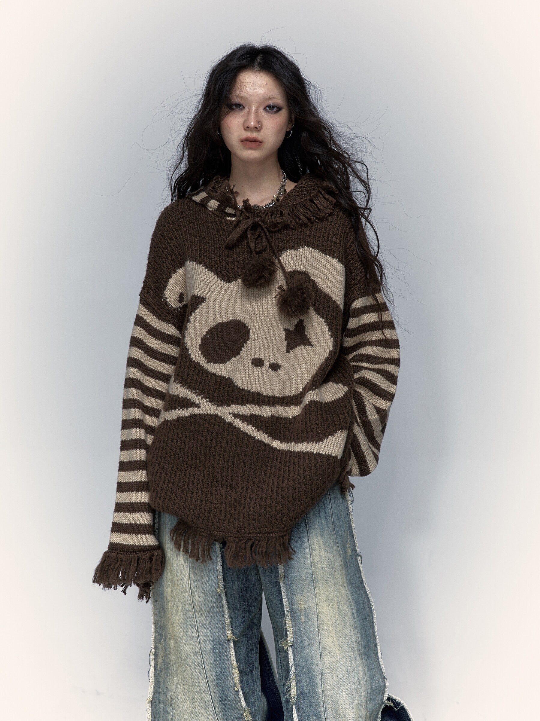 Skull Print Stripe Oversize Knit Hoodie