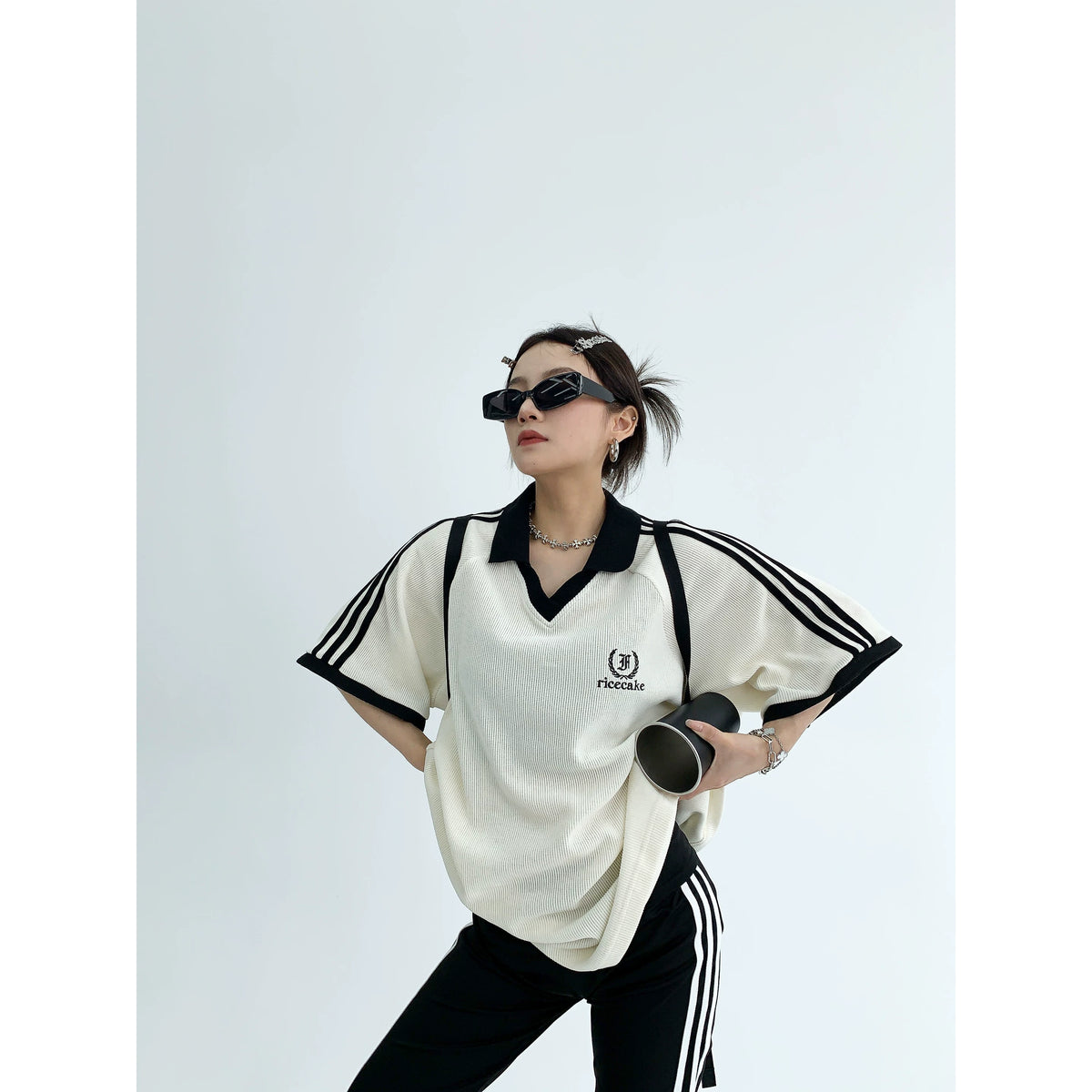 Oversize V-Neck Short Sleeve Polo Shirt
