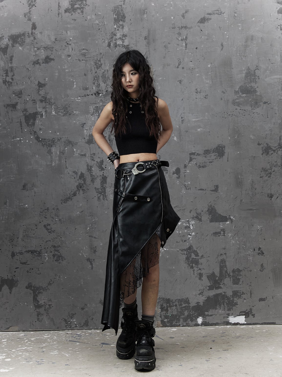 Asymmetric PU Leather Mesh Patchwork Skirt