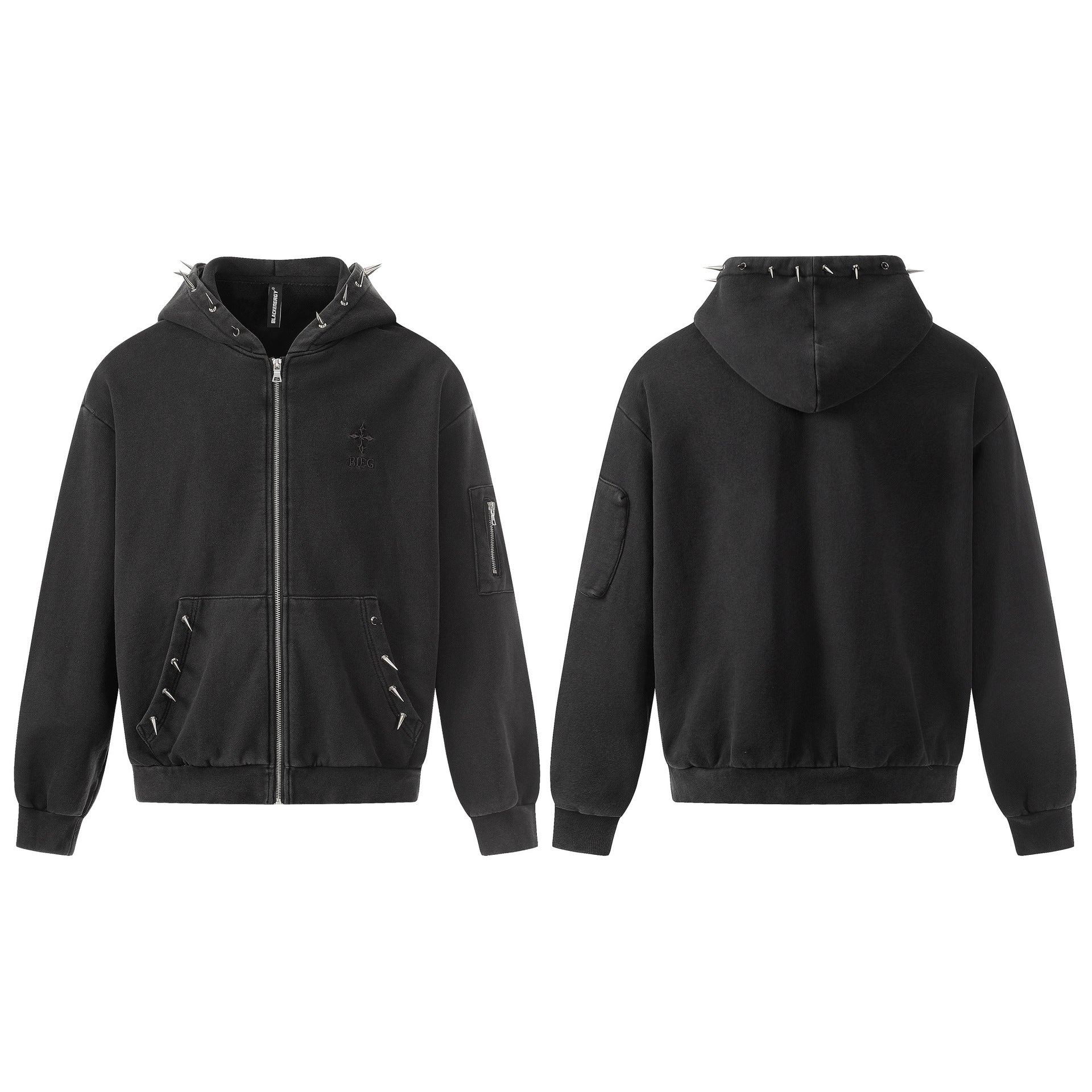 Heavyweight Rivet Washed Damage Zipper Hoodie