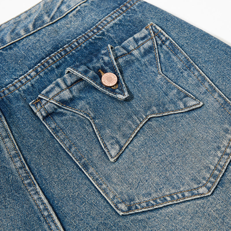 Embroidery Curved Wide Leg Denim Jeans