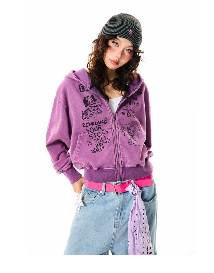 Letter Print Zipper Hoodie