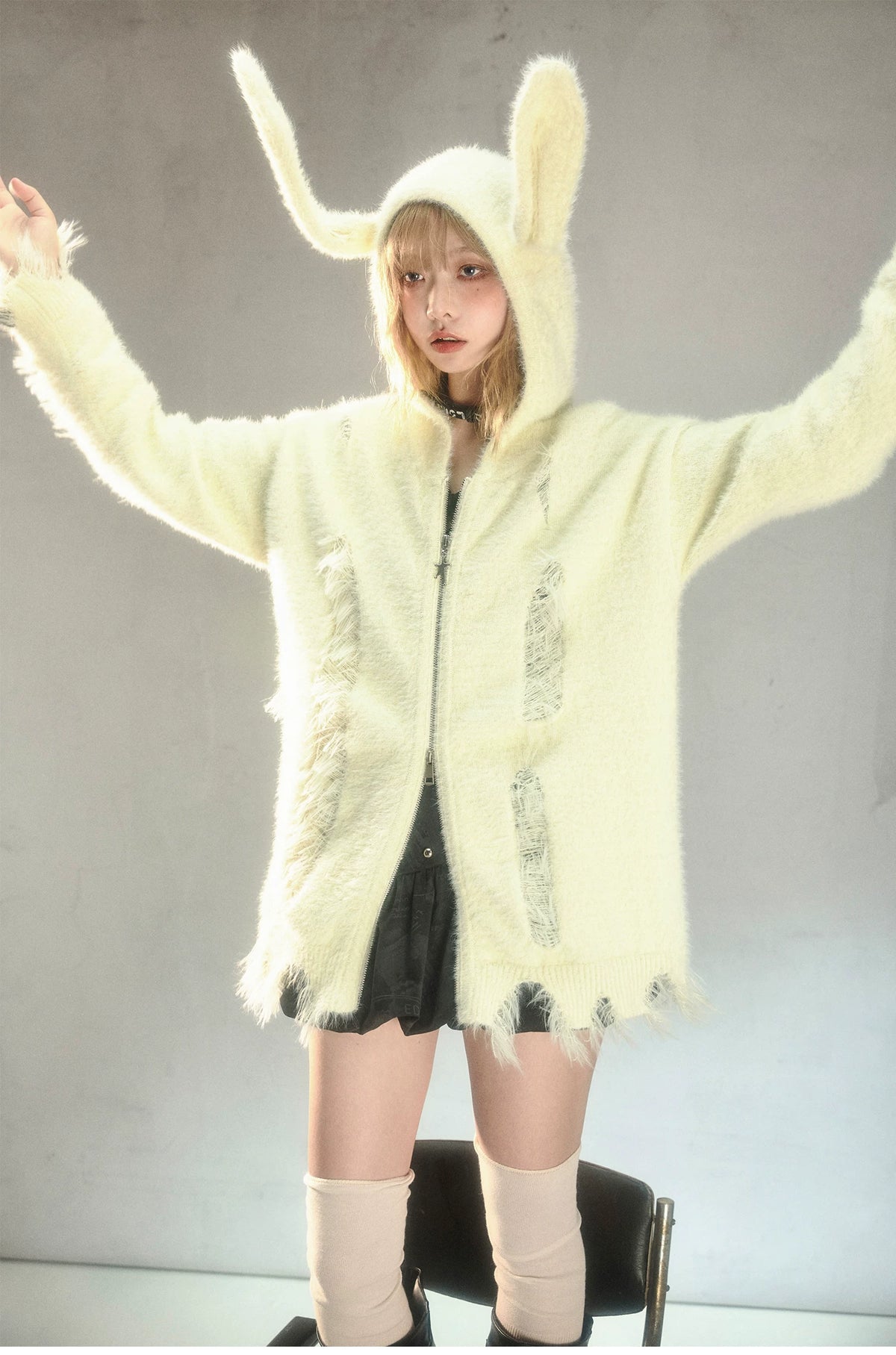 Rabbit Ear Zipper Knit Hoodie