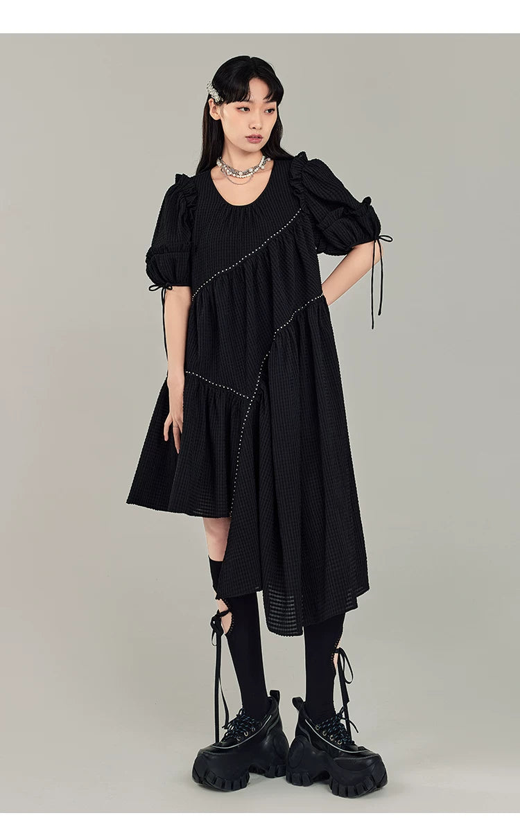 Jacquard Design Short Sleeve Dress With Irregular Hem Length