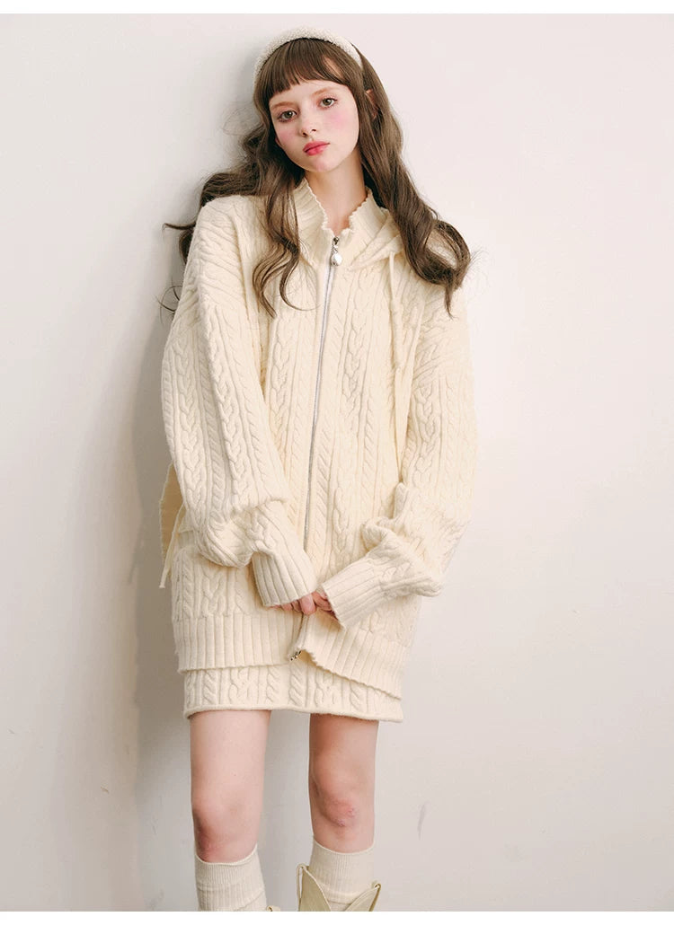 Bunny Hare Ear Hooded Zipper Knit Cardigan & Knit Skirt Setup