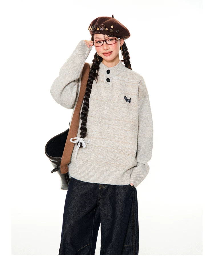Button-Detail Stand Neck Knit Sweater