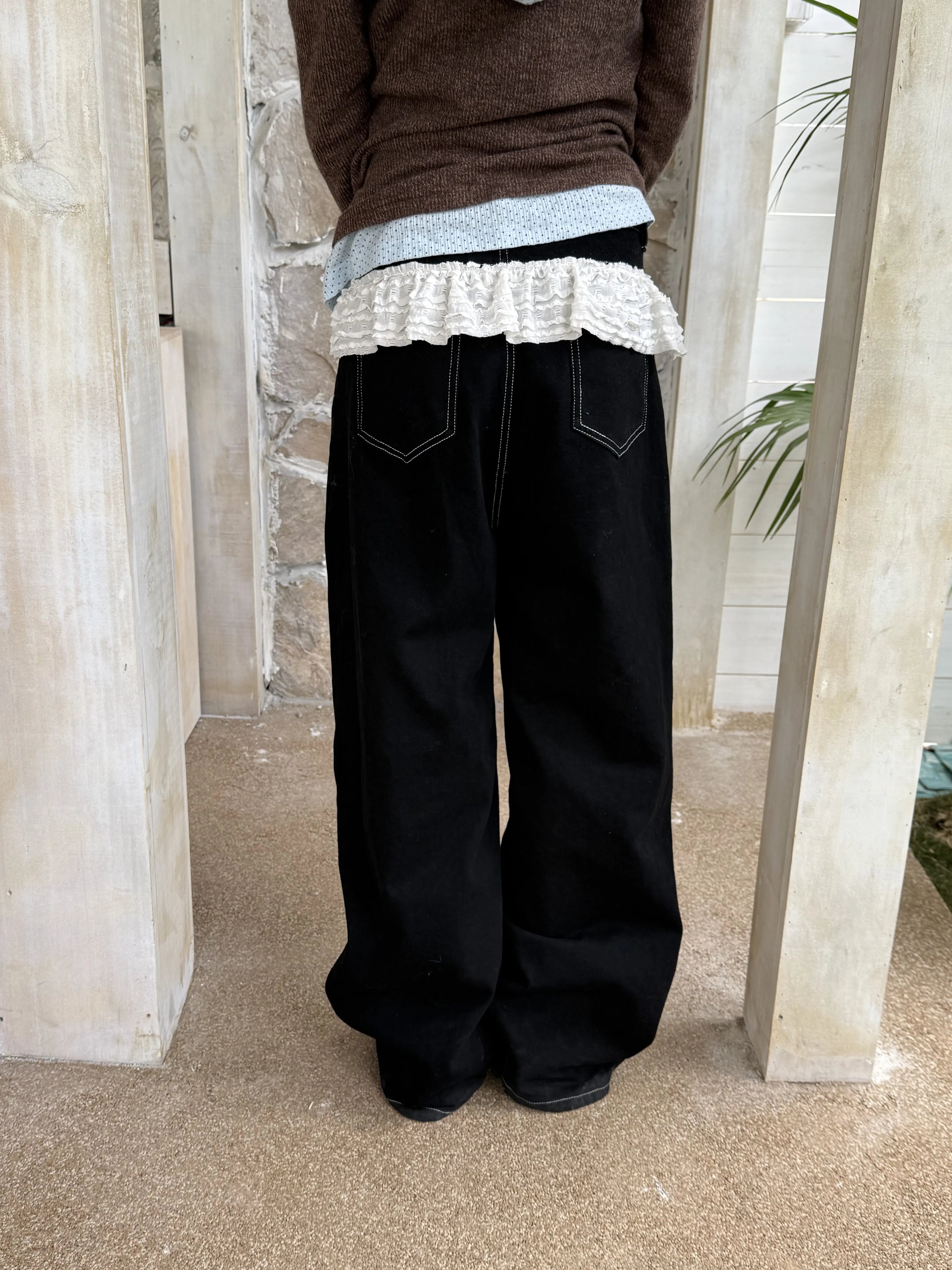 Lace Panel Low Rise Straight Denim Jeans