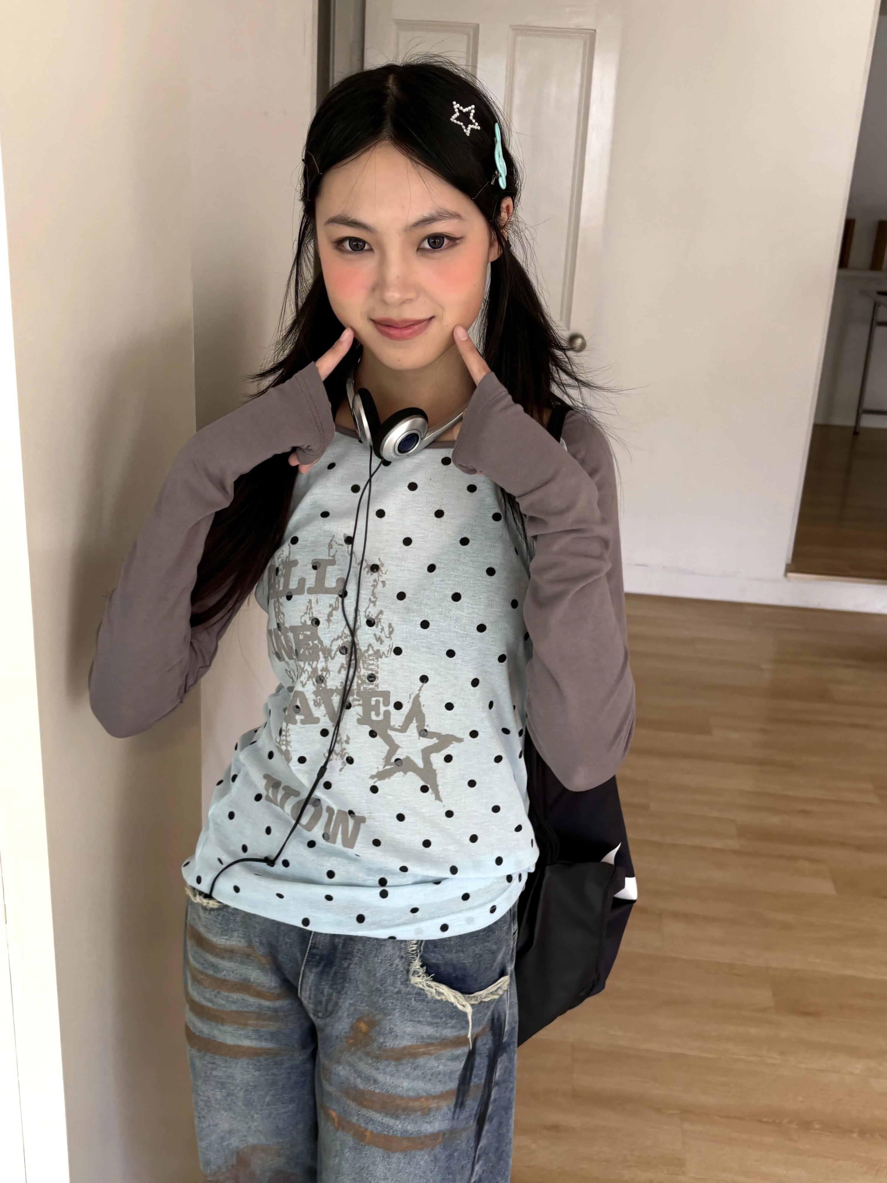 Polka Dot Letter Print Fake Layered Fitted Long Sleeve T-Shirt