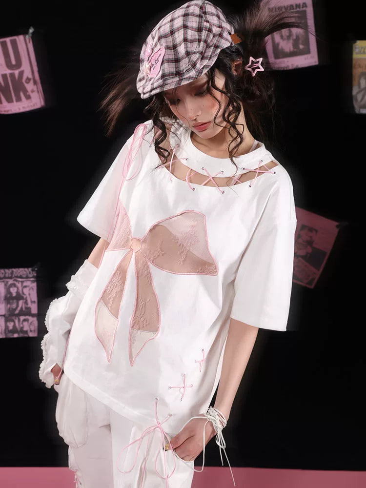 Lace Bow Hollow-Out Tie-Strap Short Sleeve T-Shirt