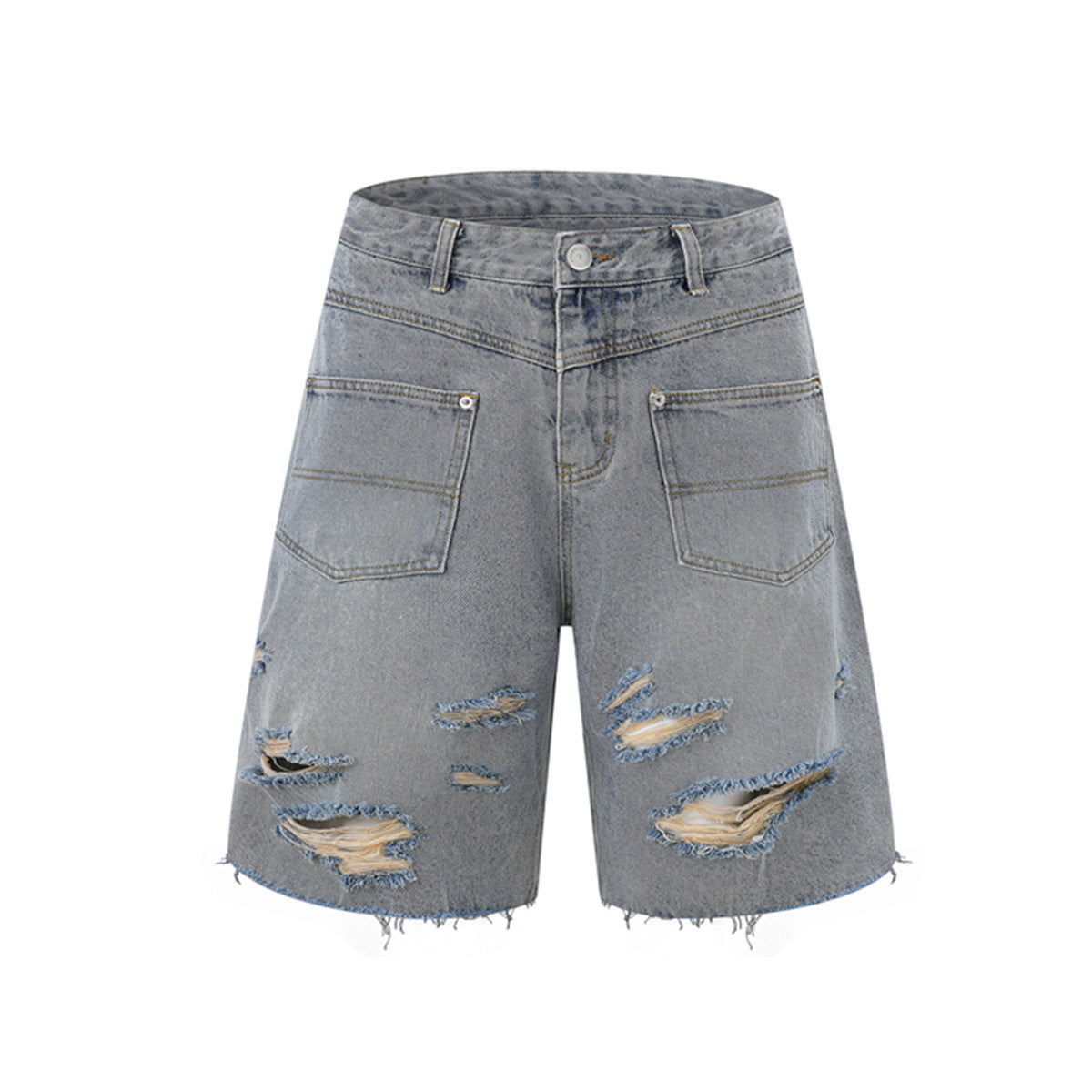 Washed Damage Wide Leg Denim Short Pants