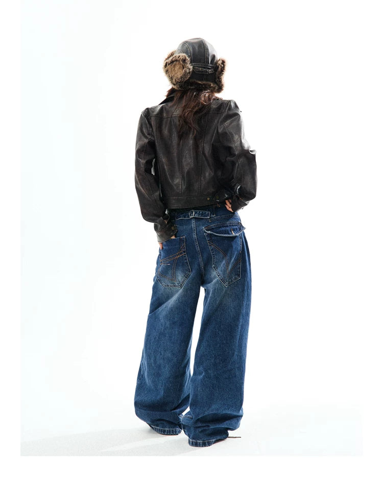 PU Leather Washed Zipper Short Length Jacket