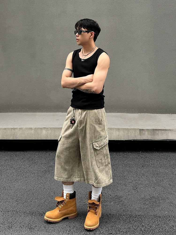Marble Pattern Washed Wide Leg Cargo Short