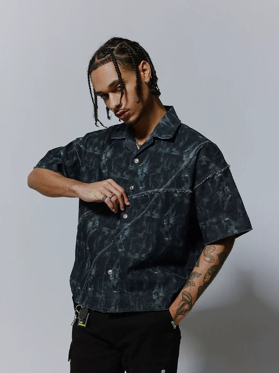 Ink Print Patchwork Spread-Collar Short Sleeve Shirt