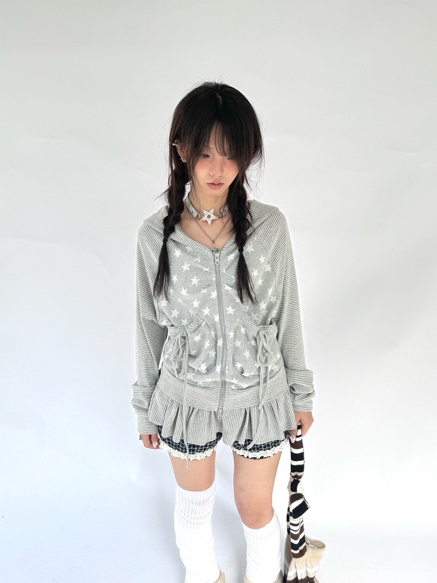 Striped Patchwork Hooded Drawstring Ruffle Jacket & Skirt Setup