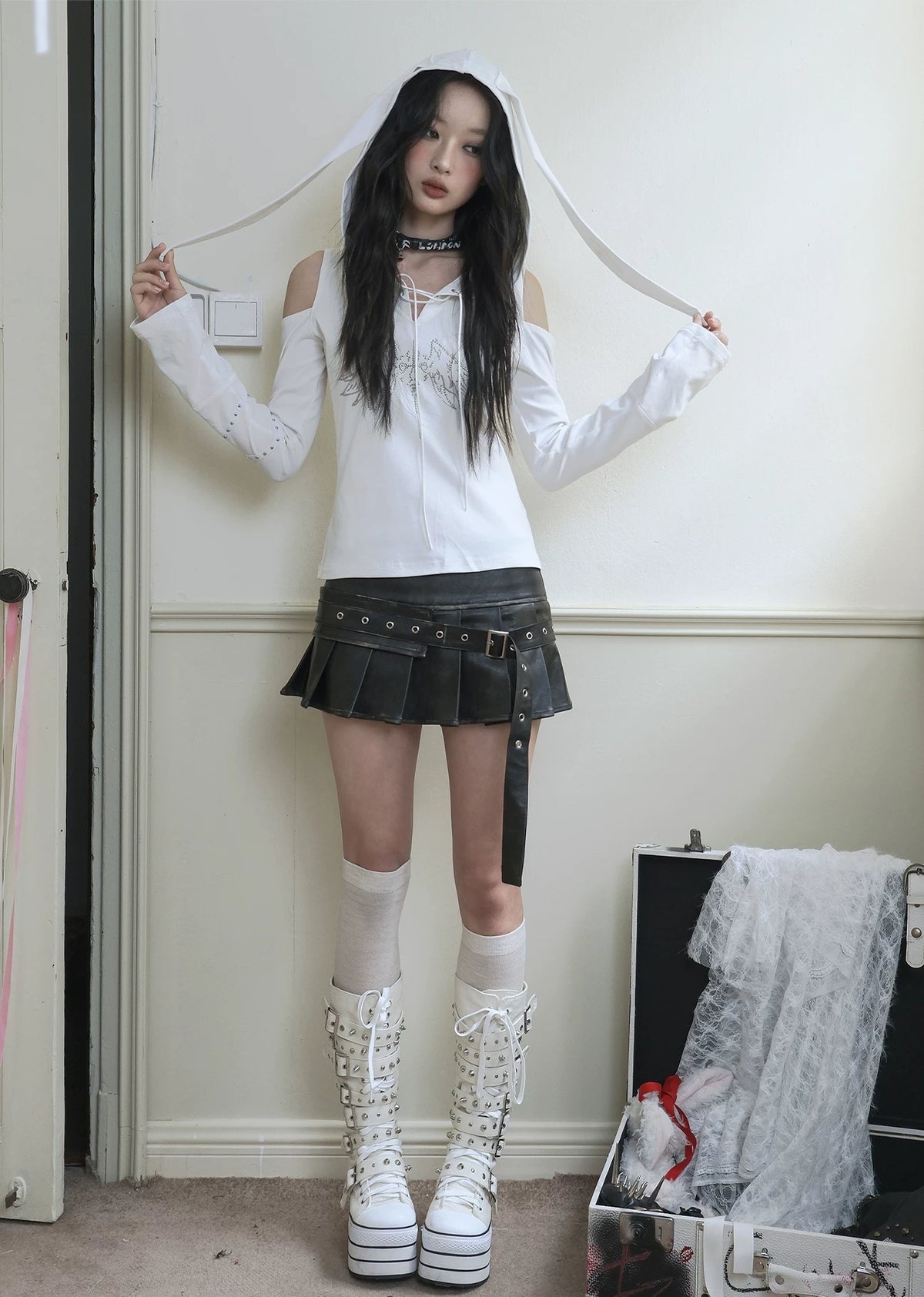Washed Pleated PU Leather Short Skirt