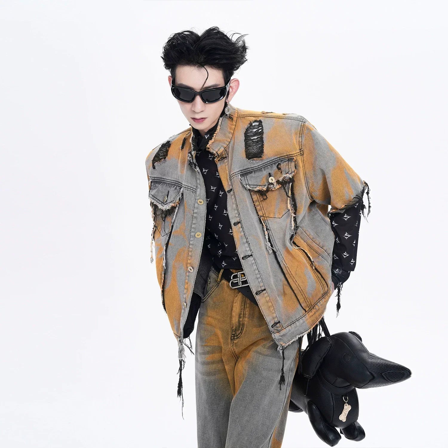 Gradient Short Sleeve Damage Denim Shirt Jacket & Micro Flare Denim Jeans Setup