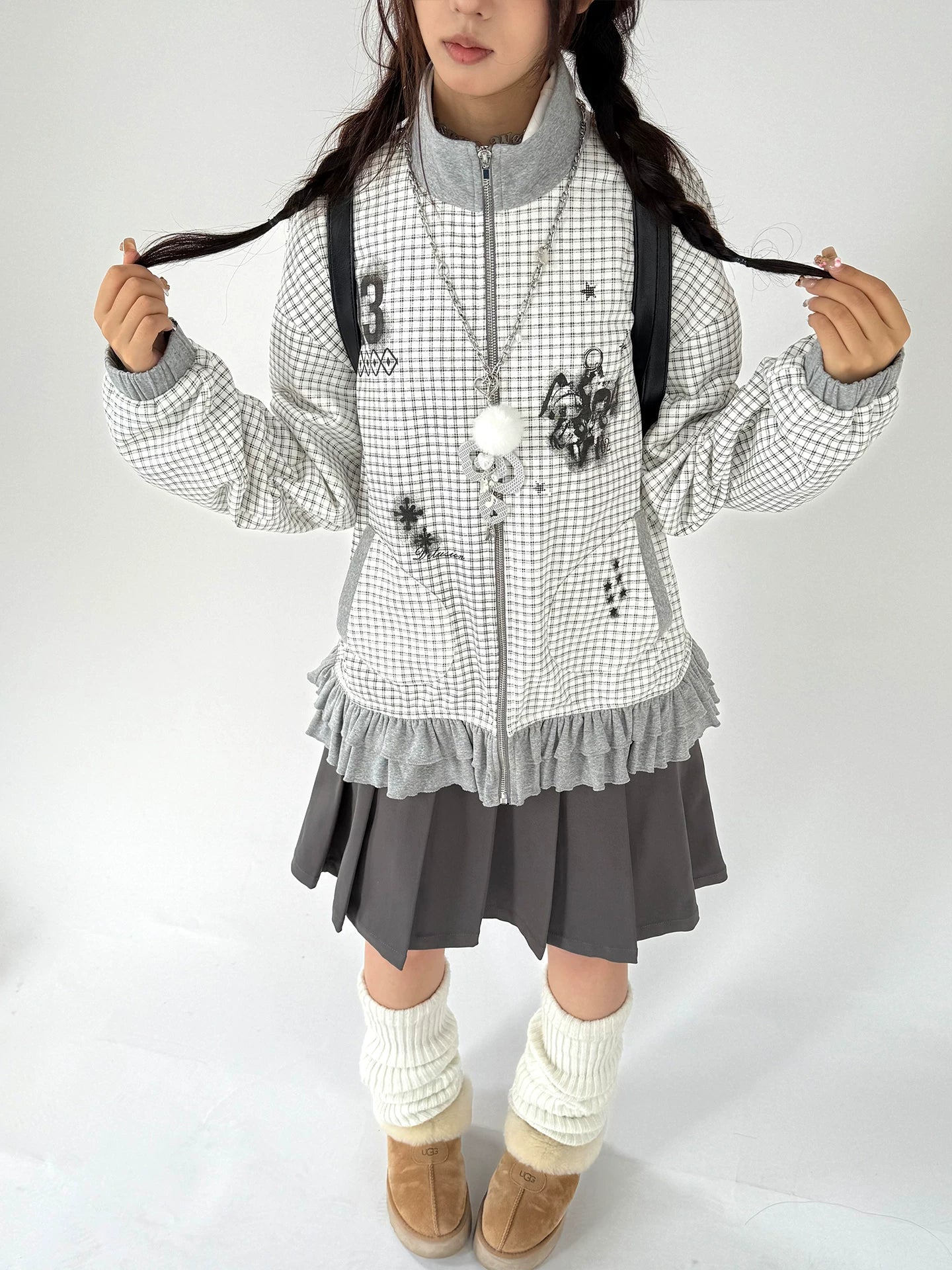 Checkered Ruffle Hem Oversize Zipper Hoodie
