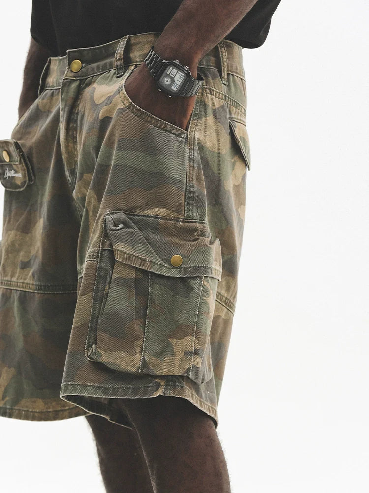 Washed Multi-Pocket Wide Leg Cargo Short Pants