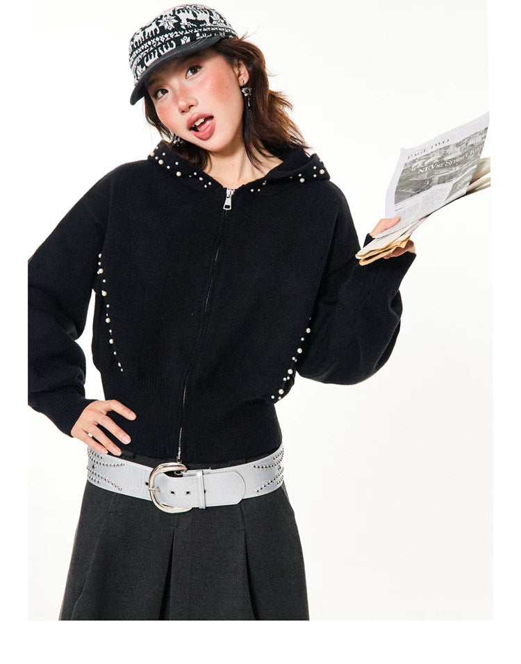 Pearl Embroidery Cropped Zipper Hoodie