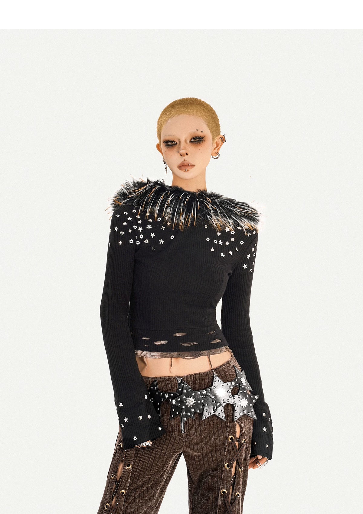 Corduroy Patchwork Fake Fur Lace-Up Slimming Pants