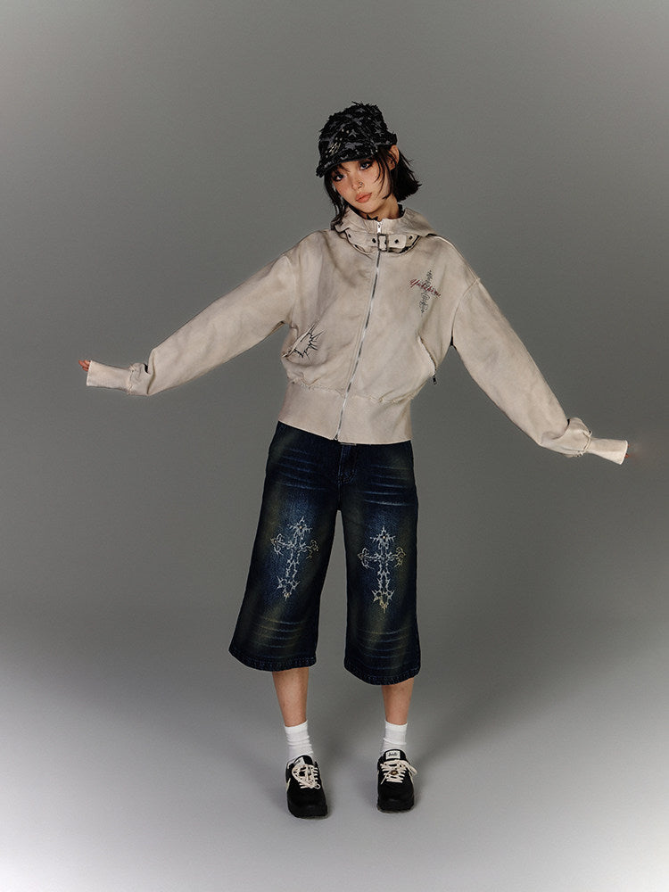 Washed Damage Oversize Zipper Hoodie