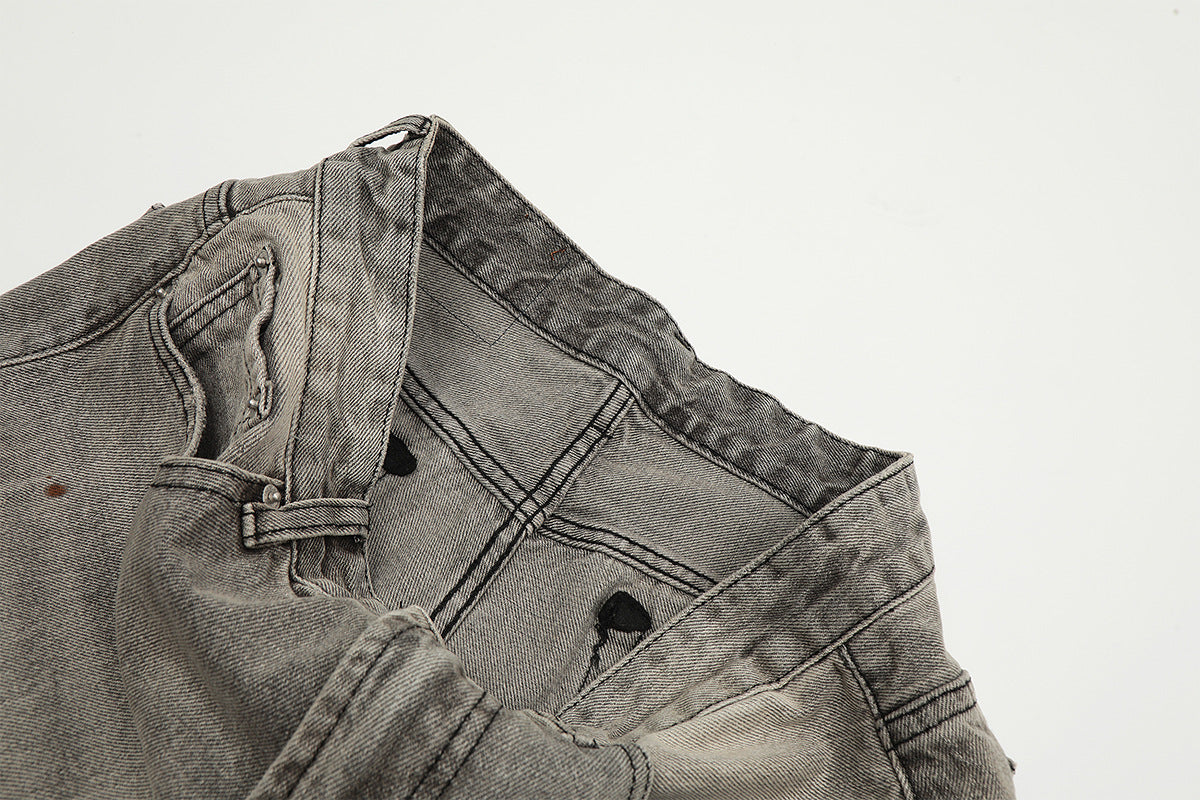 Washed Damage Straight Wide Leg Denim Jeans