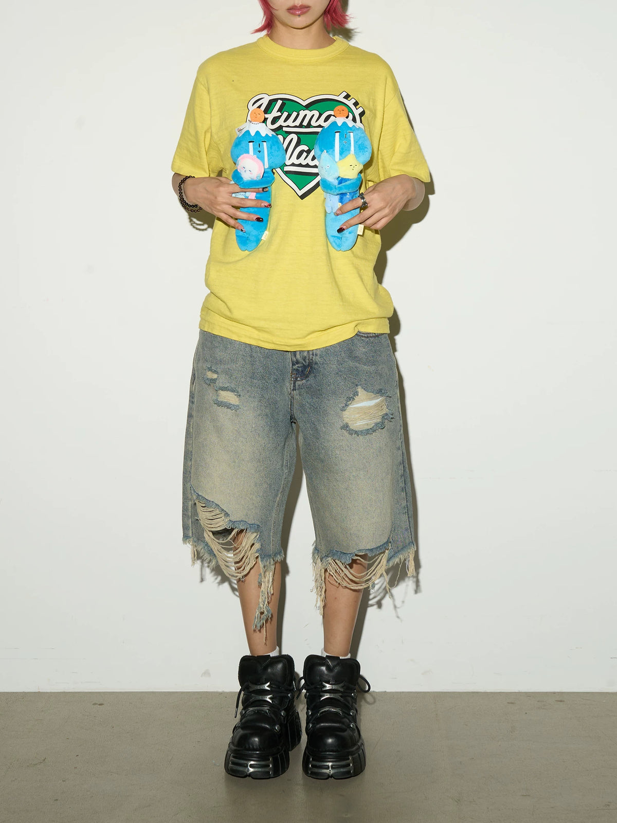 Damage Washed Frayed Hem Half Denim Jeans