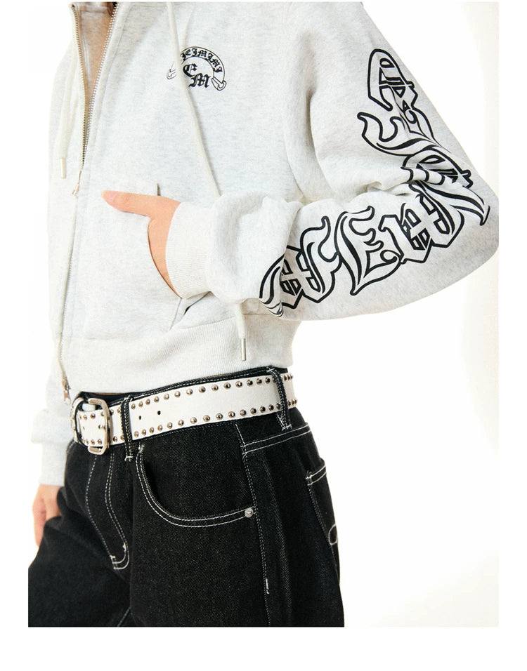 Gothic Logo Print Cropped Zipper Hoodie
