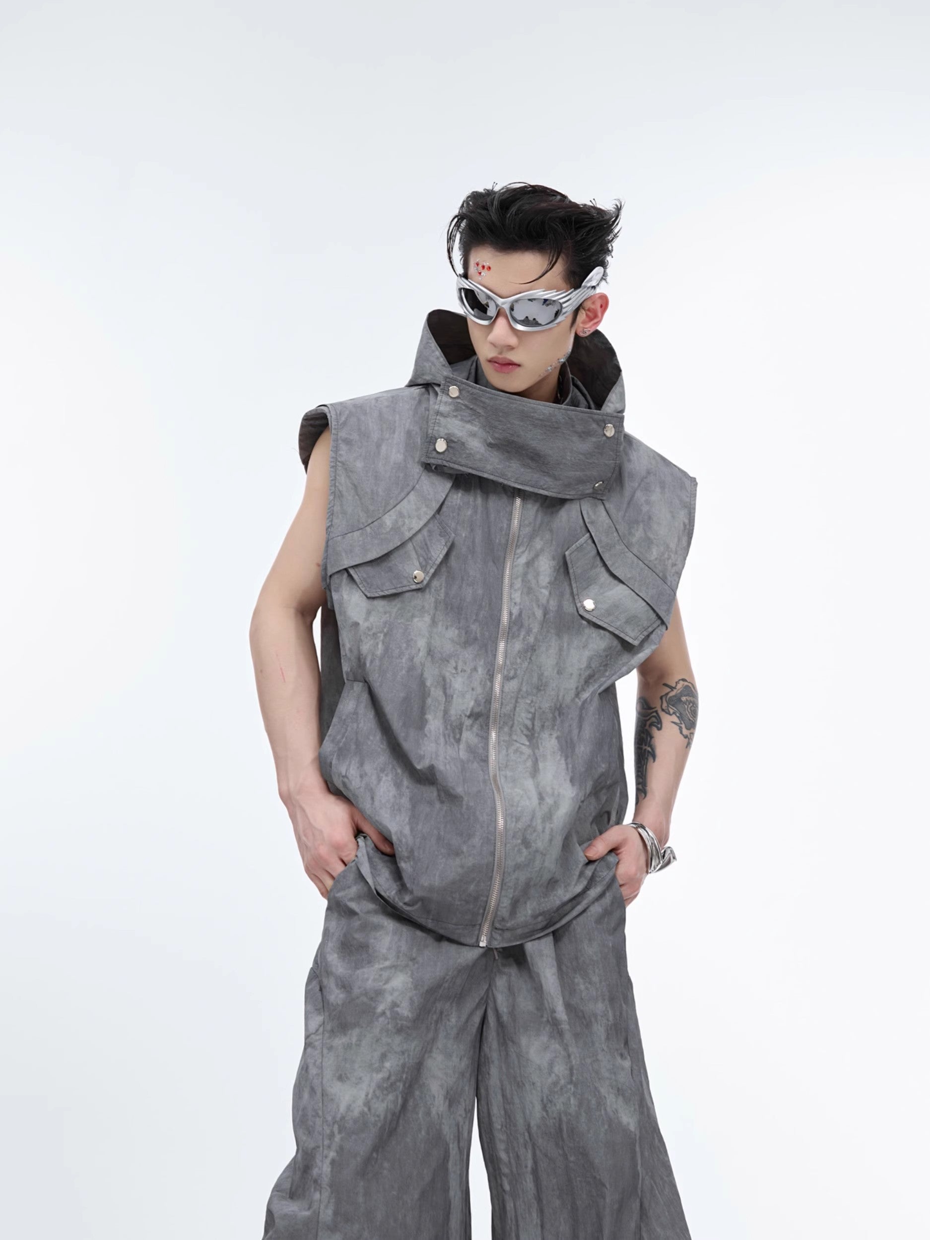 Zipper Hooded Sleeveless Jacket & Workwear Wide-Leg Straight Pants Setup