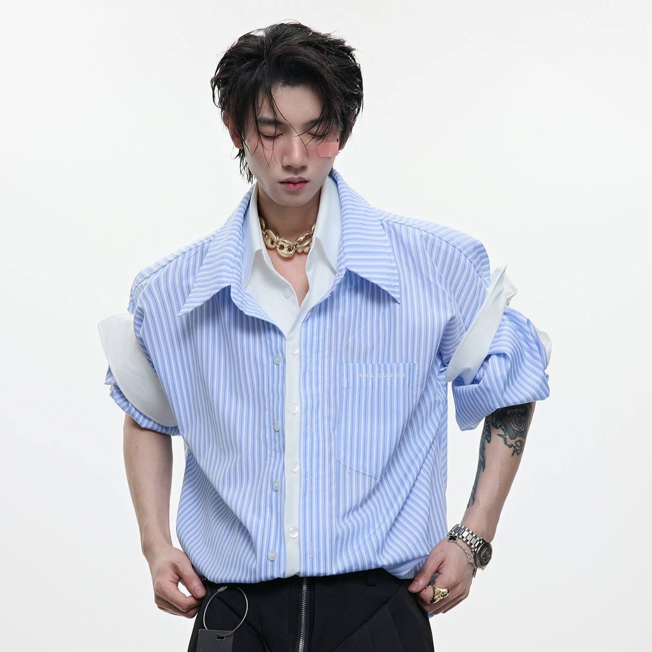 Stripe Fake Layered Short Sleeve Shirt