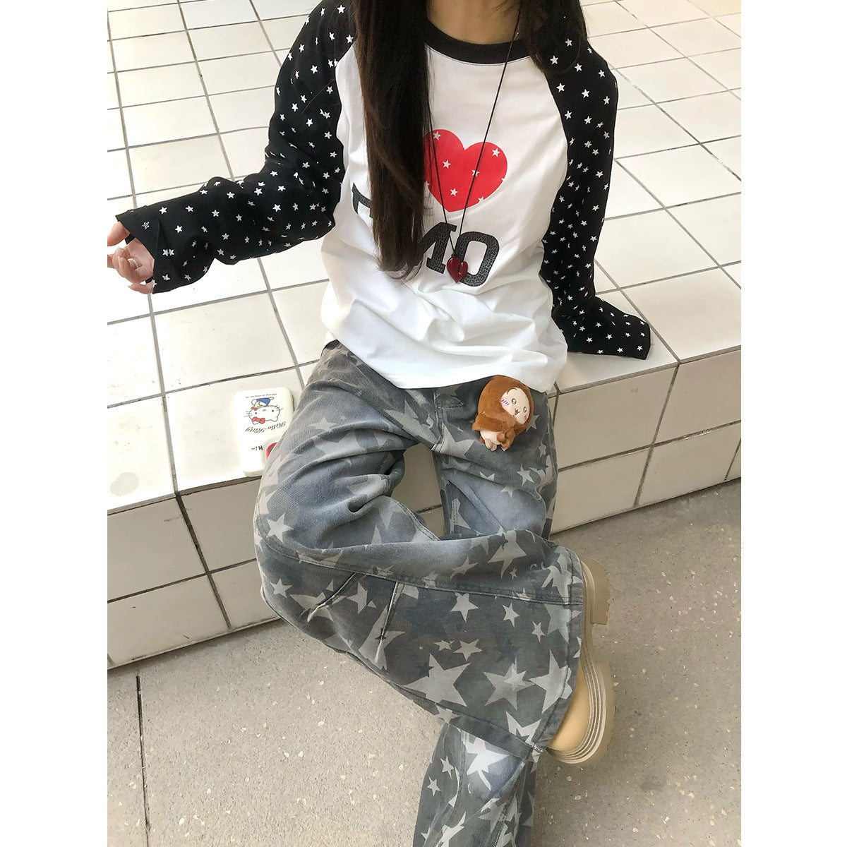 Graphic Letter Polka Dot Print Long Sleeve T-Shirt