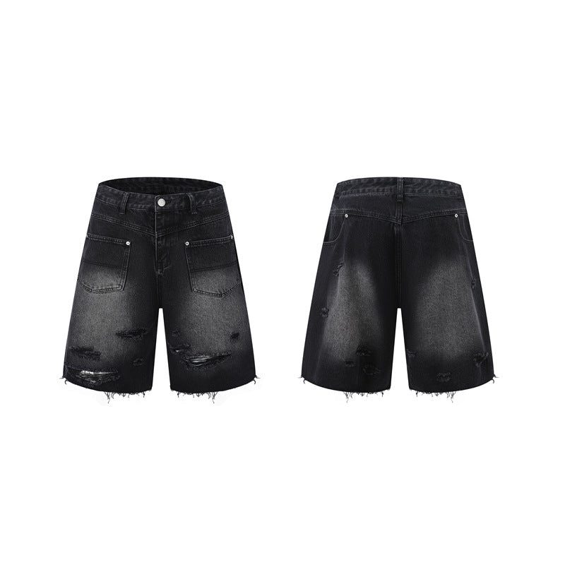 Washed Damage Wide Leg Denim Short Pants
