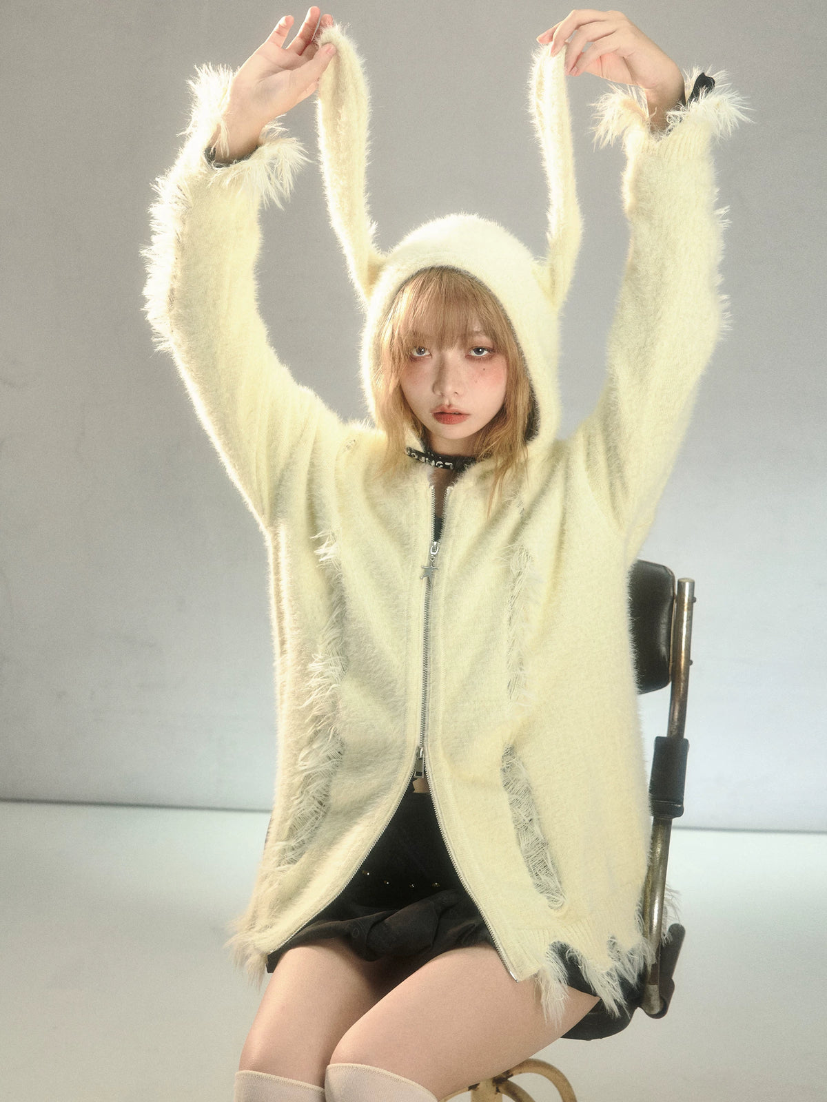 Rabbit Ear Zipper Knit Hoodie