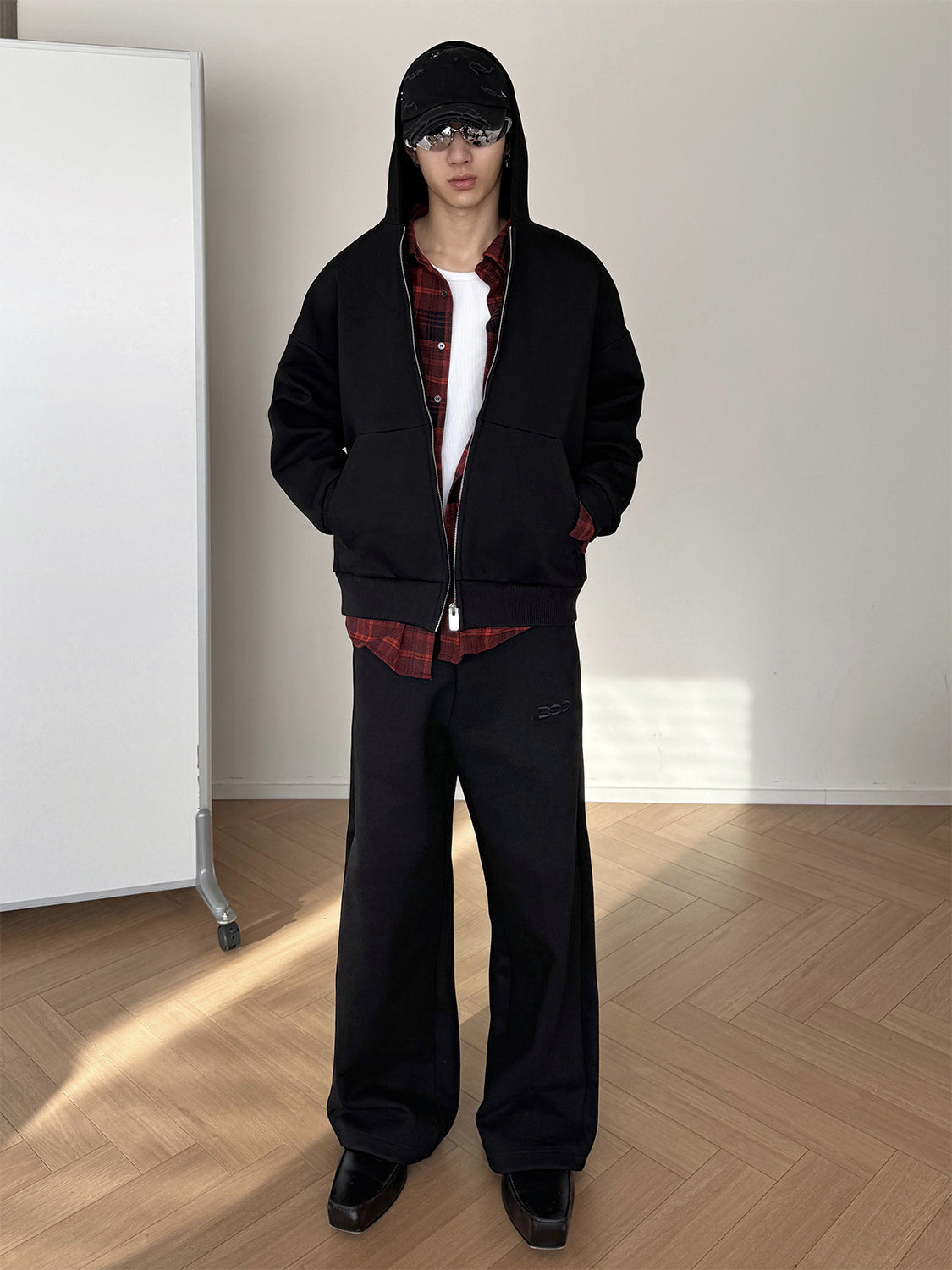 Detachable Fake Layered Plaid Shirt Zipper Hoodie