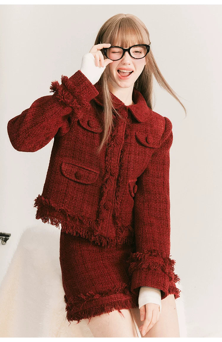 Round Collar Tweed Jacket & A-Line Tweed Skirt Setup